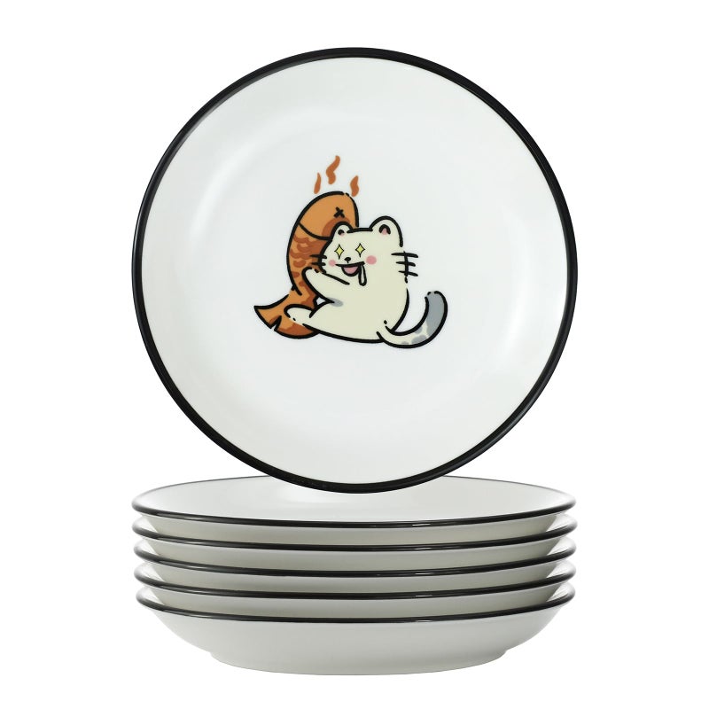 SOCOSY Super Cute Cartoon Animal Ceramic Sauce Dishes, Seasoning Dishes, Little Cat Dog Bird Feeding Bowls, Sushi Soy Dipping Bowls, Appetizer Plates, Dessert Plates, Set of 6-Cats-5 Inch - Image 2