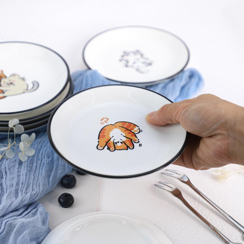 SOCOSY Super Cute Cartoon Animal Ceramic Sauce Dishes, Seasoning Dishes, Little Cat Dog Bird Feeding Bowls, Sushi Soy Dipping Bowls, Appetizer Plates, Dessert Plates, Set of 6-Cats-5 Inch - Image 4