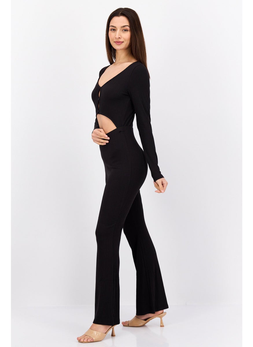 MONKI Women Ribbed Long Sleeve Jumpsuit, Black  - Image 3