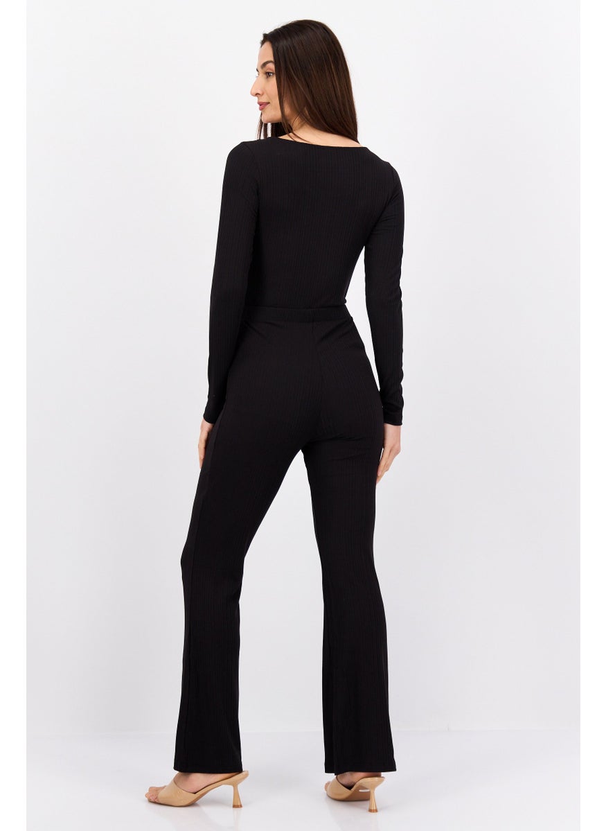 MONKI Women Ribbed Long Sleeve Jumpsuit, Black  - Image 4