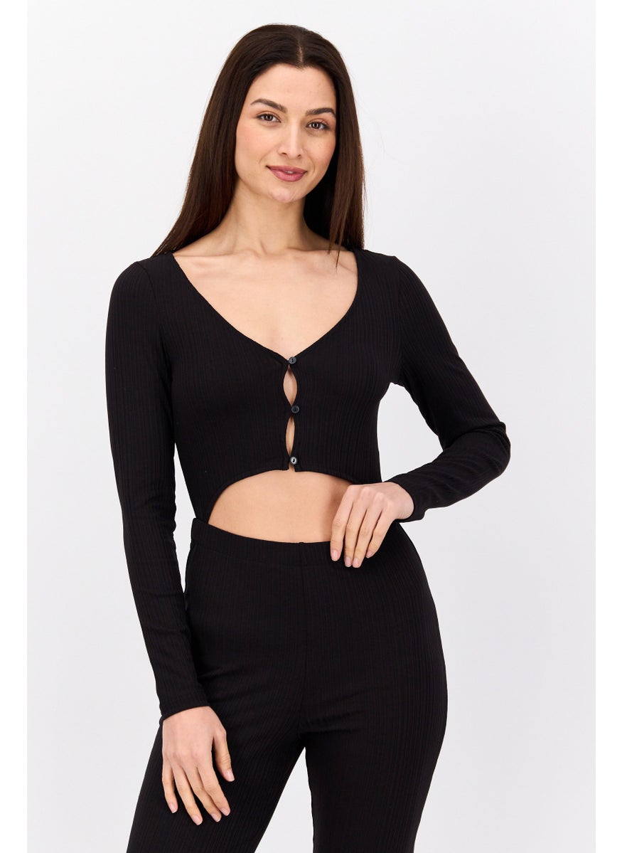 MONKI Women Ribbed Long Sleeve Jumpsuit, Black  - Image 2