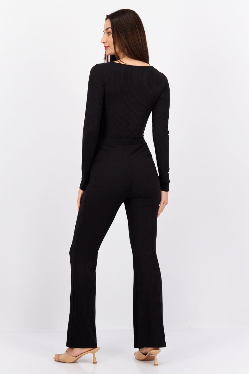MONKI Women Ribbed Long Sleeve Jumpsuit, Black - Image 2