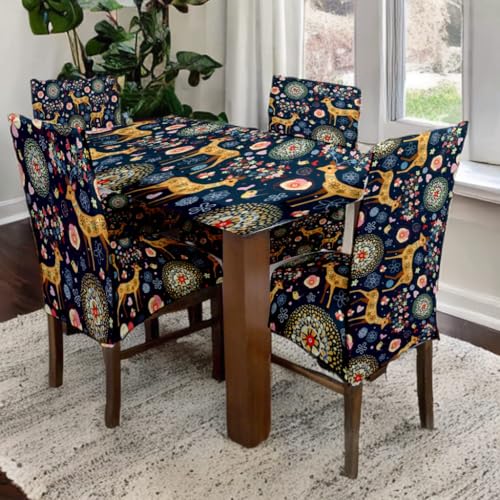 TIB® Chair Cover Set of 4 for Dining Table,Stretchable Fabric, Elastic Dining Chair Covers., 1 Table Cover with 4 Chair Covers (Blue hiran) - Image 1