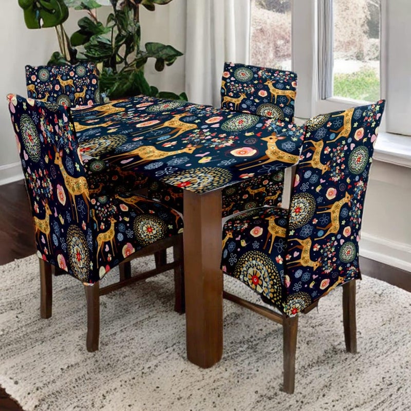 TIB® Chair Cover Set of 4 for Dining Table,Stretchable Fabric, Elastic Dining Chair Covers., 1 Table Cover with 4 Chair Covers (Blue hiran) - Image 5