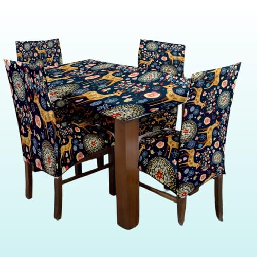 TIB® Chair Cover Set of 4 for Dining Table,Stretchable Fabric, Elastic Dining Chair Covers., 1 Table Cover with 4 Chair Covers (Blue hiran) - Image 2
