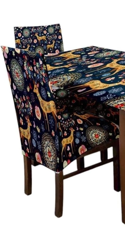 TIB® Chair Cover Set of 4 for Dining Table,Stretchable Fabric, Elastic Dining Chair Covers., 1 Table Cover with 4 Chair Covers (Blue hiran) - Image 3