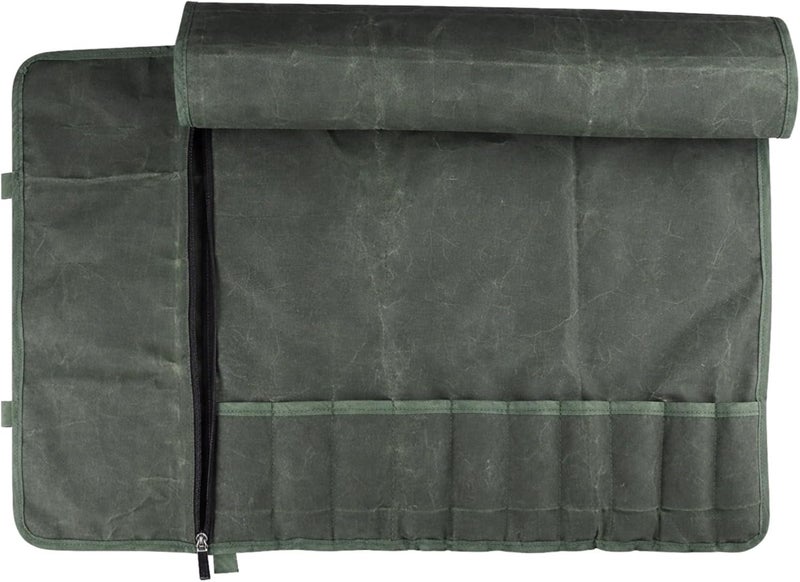 Chef Knife Roll Bag, Oil Waxed Canvas, Olive Green Foldable Portable Knife Organizer, Multi-Slot Culinary Tool Storage Case, Travel BBQ Tool Roll Pouch - Image 1
