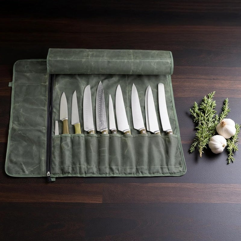 Chef Knife Roll Bag, Oil Waxed Canvas, Olive Green Foldable Portable Knife Organizer, Multi-Slot Culinary Tool Storage Case, Travel BBQ Tool Roll Pouch - Image 3