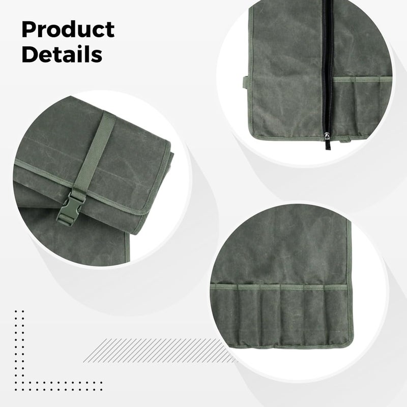 Chef Knife Roll Bag, Oil Waxed Canvas, Olive Green Foldable Portable Knife Organizer, Multi-Slot Culinary Tool Storage Case, Travel BBQ Tool Roll Pouch - Image 5