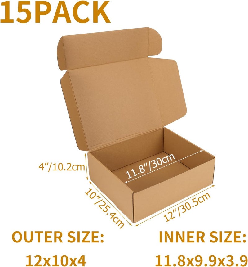PHAREGE 12x10x4 Inch Shipping Boxes 15 Pack Brown, Tab Lock Tuck Top Mailer Boxes for Packaging Small Business, Cardboard Gift Boxes for Wrapping Mailing Present - Image 2