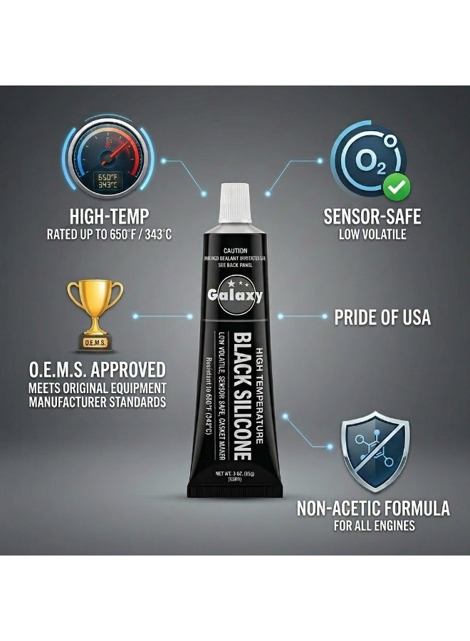 Galaxy High-Temp Black Silicone RTV Gasket Sealant - 3 oz Tube, Non-Acetic Formula, Oxygen Sensor Safe, Professional Grade Automotive Engine Gasket Maker, OEM Approved, Pride of USA - Image 2