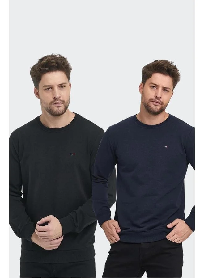 Men's Black-Navy Bike Neck Embroidered Detailed Regular Fit 2-Piece Sweatshirt.