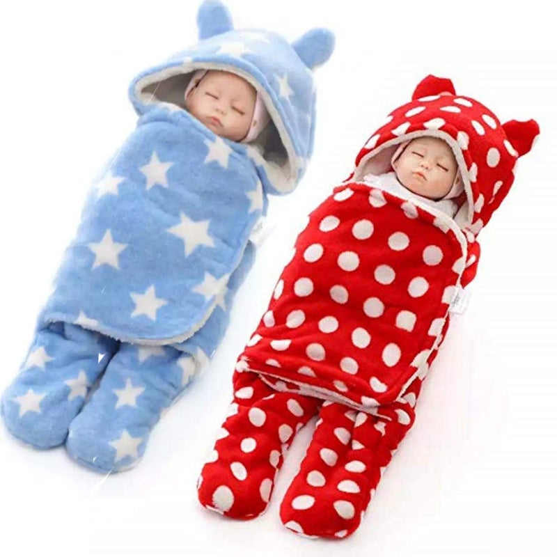 First Kick New Born Sleeping Bag Combo Pack of Super Soft Wearable Baby Wrapper Durable Fleece Polyester Cum Baby Sleeping Bag for Baby Boys Girls (76cm x 70cm, 0-6 Months) Pack of 2 Red Blue - Image 1