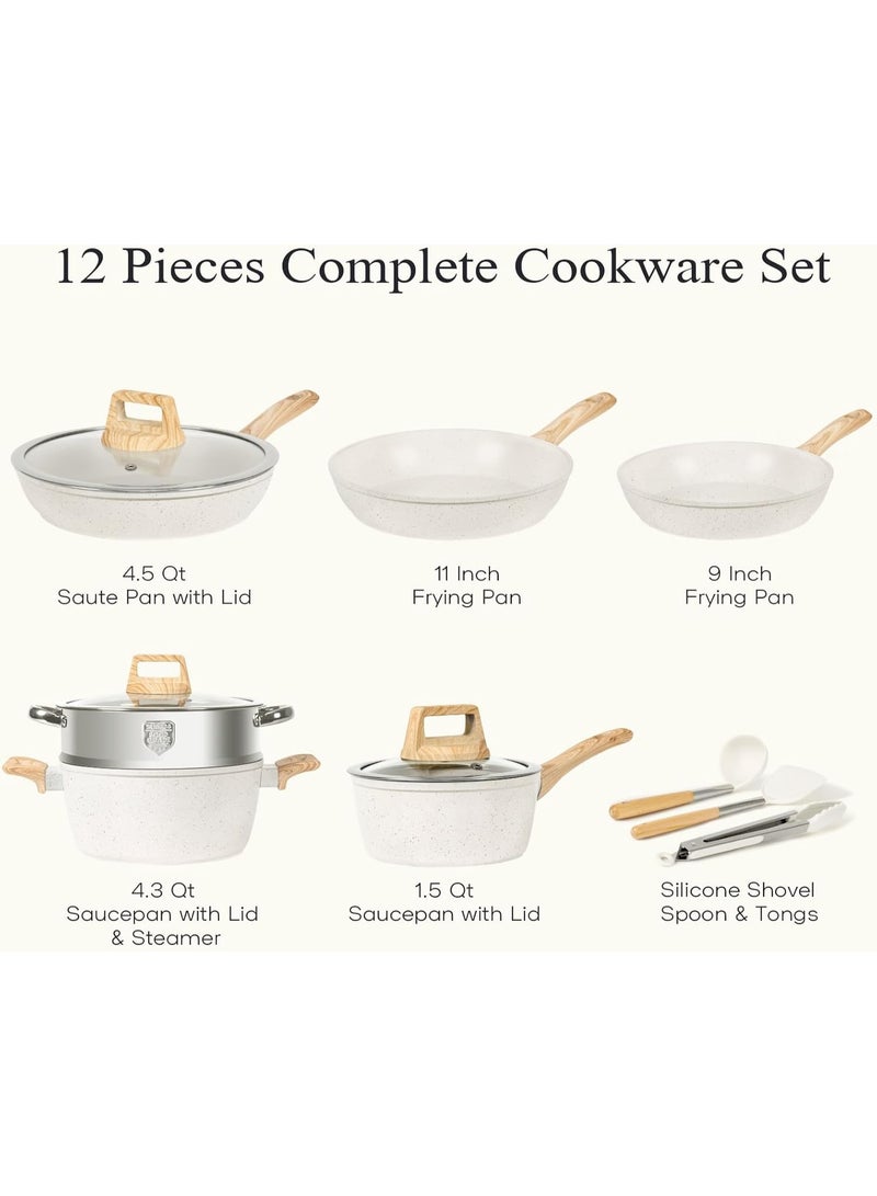 Taizz Ventures 12-Piece Granite Nonstick Cookware Set | Induction Pots and Pans Set with Skillets, Stockpots, Steamer, Ladle, Cooking Spatula, and Silicone Tongs | Durable,  White  - Image 2