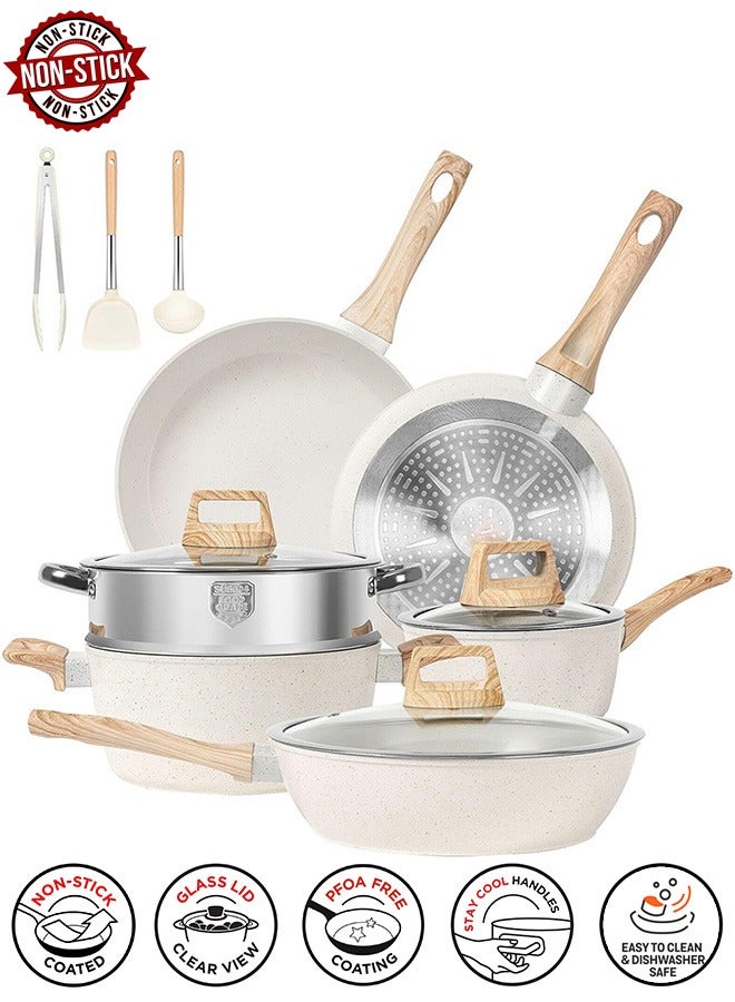 Taizz Ventures 12-Piece Granite Nonstick Cookware Set | Induction Pots and Pans Set with Skillets, Stockpots, Steamer, Ladle, Cooking Spatula, and Silicone Tongs | Durable,  White  - Image 1
