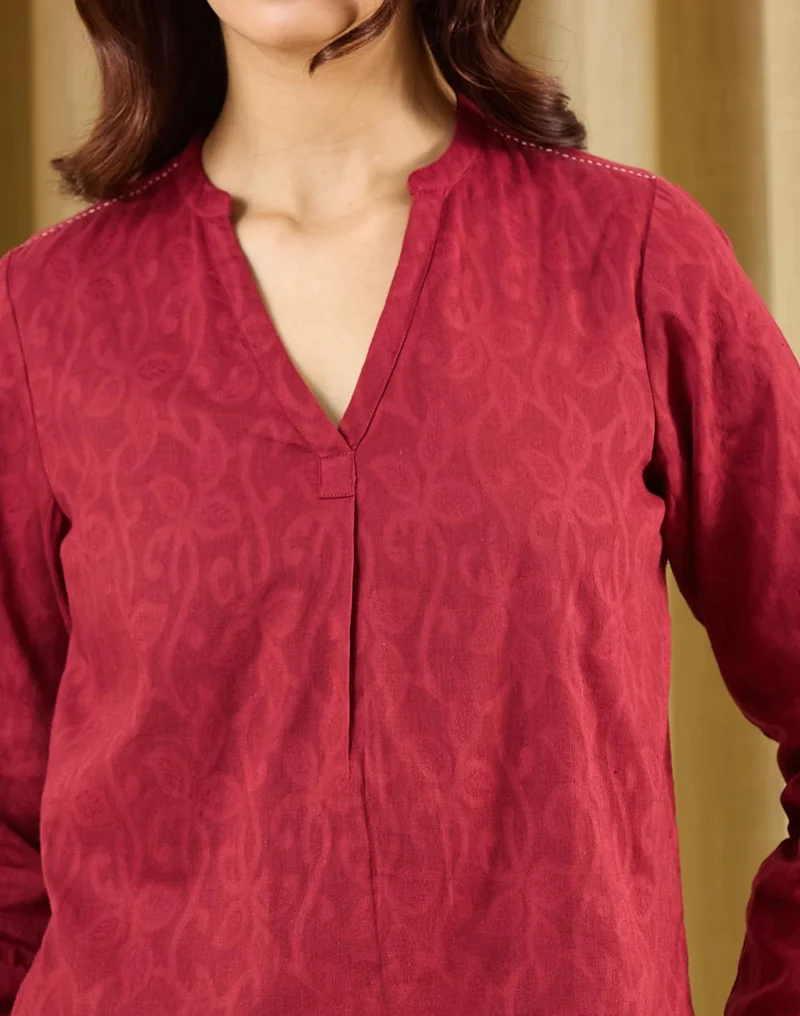 Fabindia  Maroon Cotton Hand Embroidered Tunic for Women | Best Price UAE