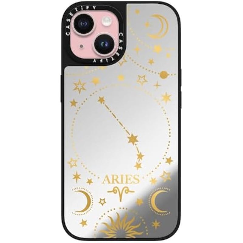 Casetify Mirror iPhone 15 Case 【Reflective / 4.9ft Drop Protection/Compatible with Magsafe】 - Zodiac Star Sign Aries - Silver on Black - Image 1