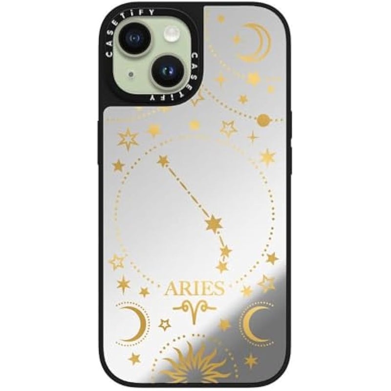 Casetify Mirror iPhone 15 Case 【Reflective / 4.9ft Drop Protection/Compatible with Magsafe】 - Zodiac Star Sign Aries - Silver on Black - Image 3