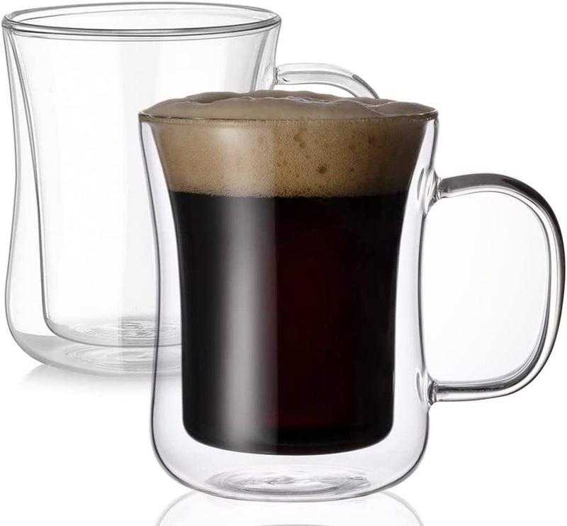 FS COOL 420ml Double Wall Glass Cups with Handle Thermal Insulated Borosilicate Glass Suitable for Hot and Cold Drinks Set of 2 - Image 1