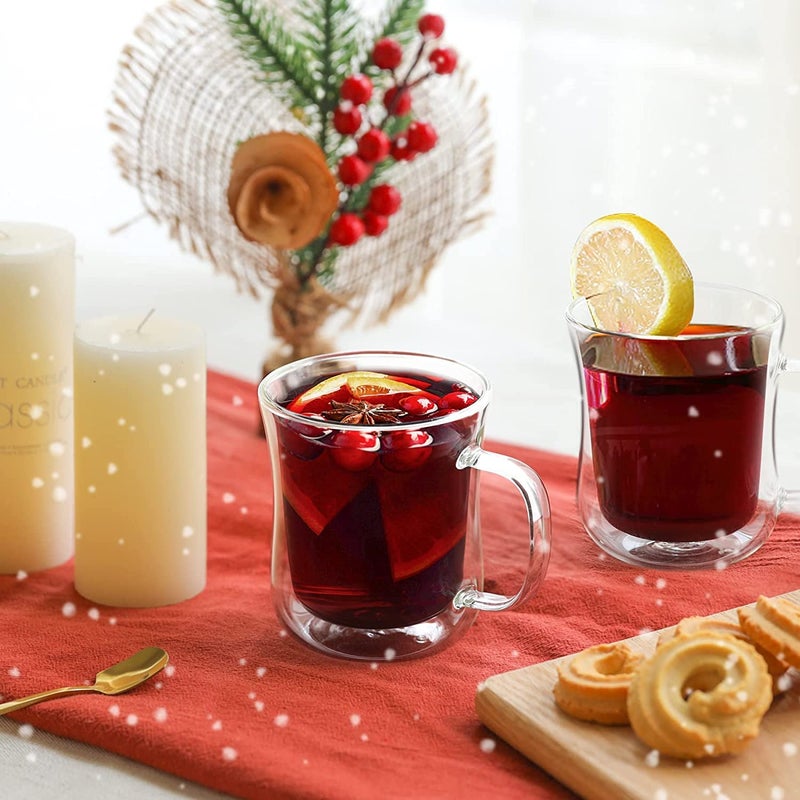 FS COOL 420ml Double Wall Glass Cups with Handle Thermal Insulated Borosilicate Glass Suitable for Hot and Cold Drinks Set of 2 - Image 4