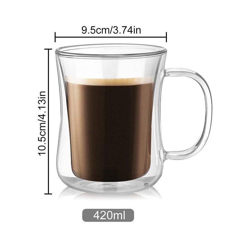 FS COOL 420ml Double Wall Glass Cups with Handle Thermal Insulated Borosilicate Glass Suitable for Hot and Cold Drinks Set of 2 - Image 2