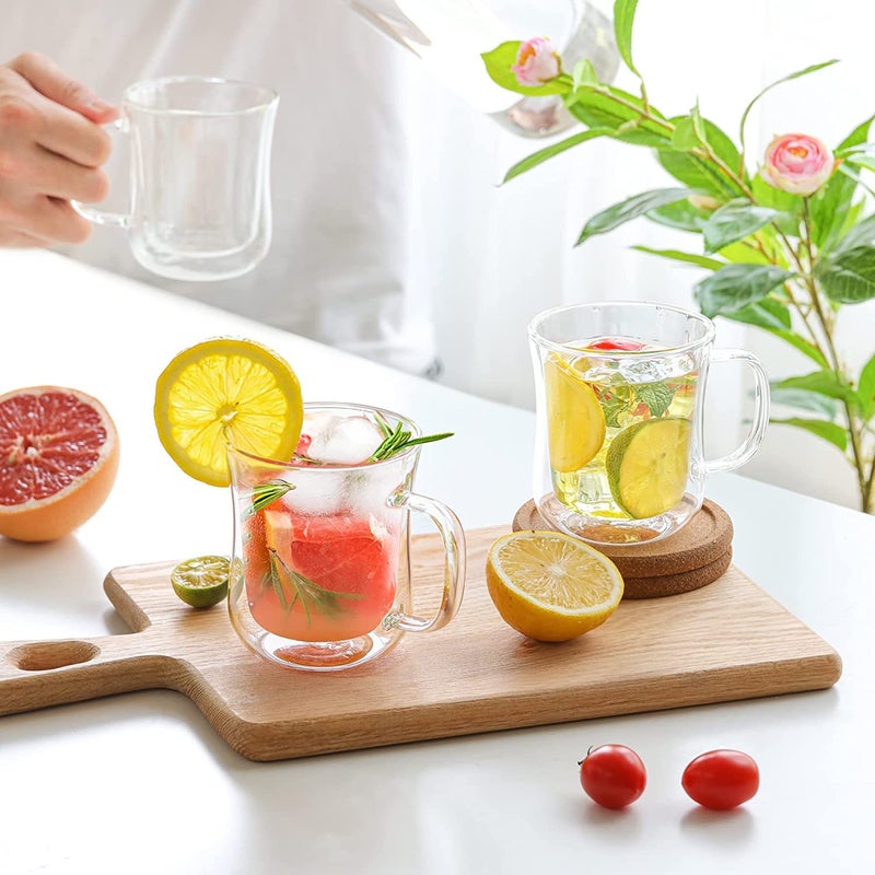 FS COOL 420ml Double Wall Glass Cups with Handle Thermal Insulated Borosilicate Glass Suitable for Hot and Cold Drinks Set of 2 - Image 5