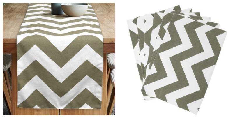Dekor World Chevron Printed Beige Table Runner with 4 Pcs Place Mat (33x120cm/33x47cm) (Pack of 5 Pcs)-4 Seater Dining & Center Table - Image 1