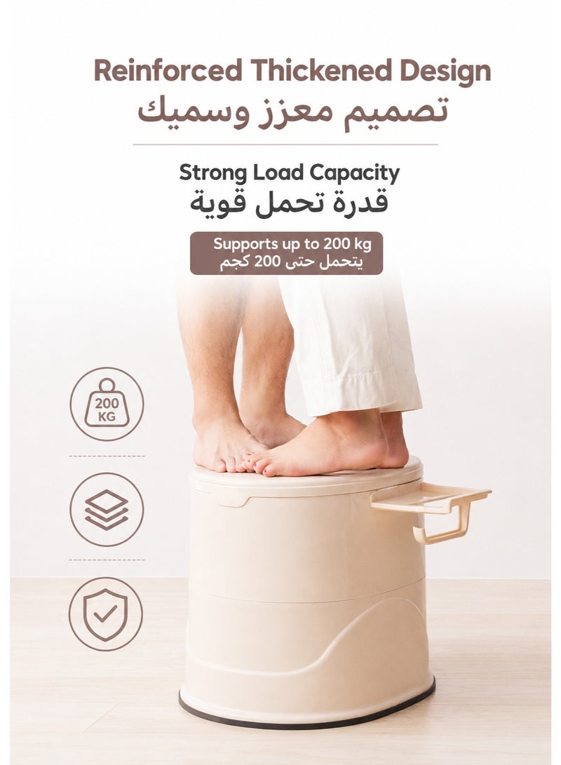 مرحاض متنقل محمول فاخر مع دلو داخلي ومنظم جانبي | كرسي حمام بجانب السرير شديد التحمل ومضاد للانزلاق لكبار السن والحوامل والتخييم | غطاء مزدوج مانع للروائح - بيج - Image 3