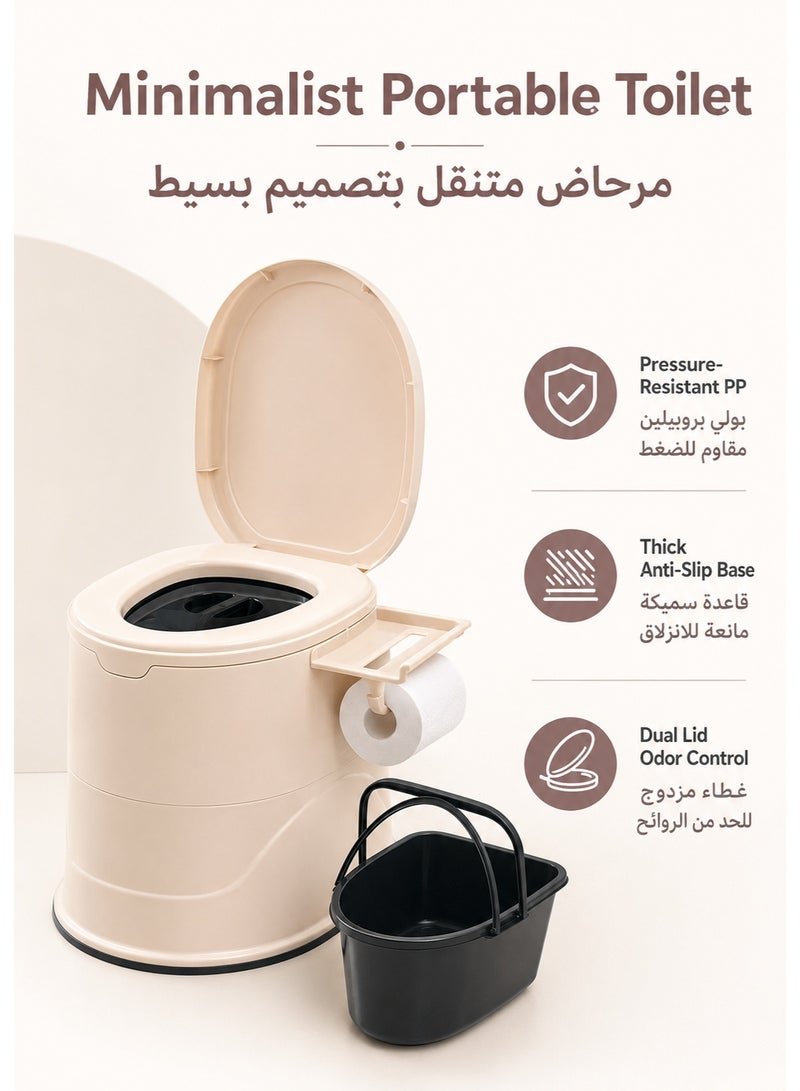 مرحاض متنقل محمول فاخر مع دلو داخلي ومنظم جانبي | كرسي حمام بجانب السرير شديد التحمل ومضاد للانزلاق لكبار السن والحوامل والتخييم | غطاء مزدوج مانع للروائح - بيج - Image 2