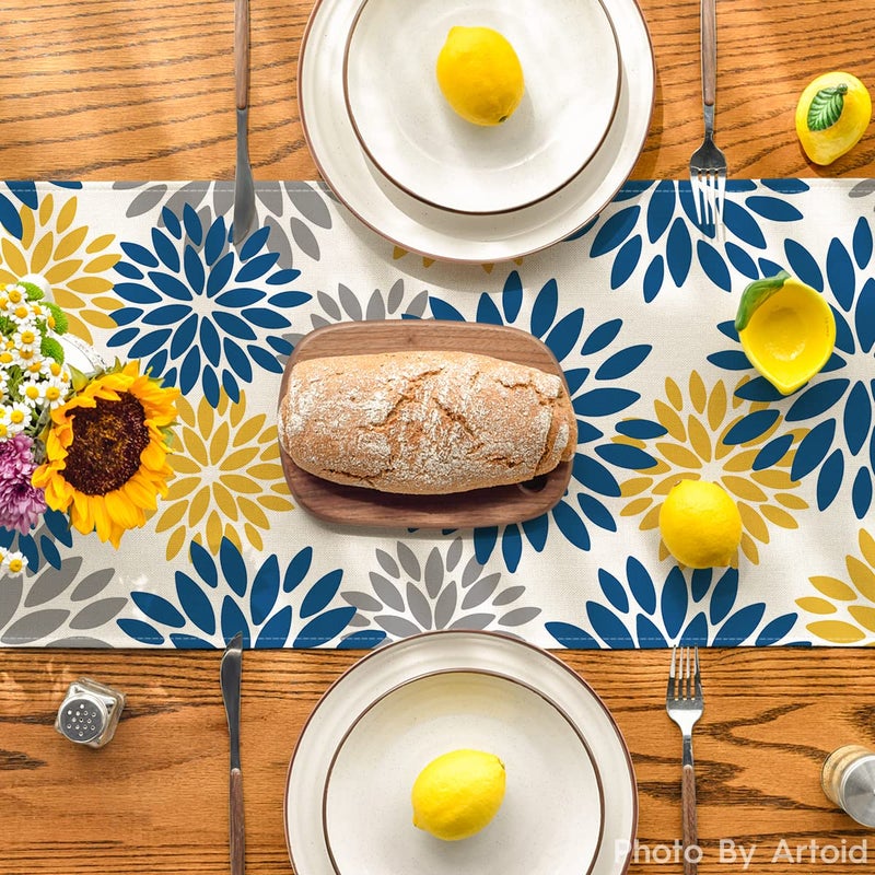 INTEX HOME Velvet Floral Table Runner, Soft Linen Fabric, Machine Washable, Rectangular Design, 1 Piece, 45 x 135 cm, Yellow xGrey xBlue, Dining Table Decoration for Home, Events and Special Occasions - Image 3
