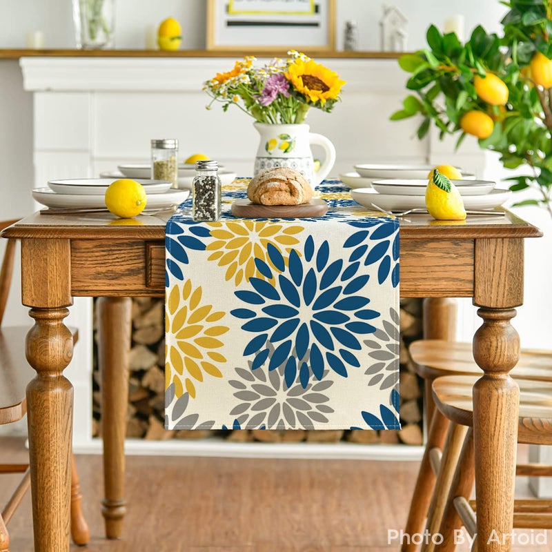 INTEX HOME Velvet Floral Table Runner, Soft Linen Fabric, Machine Washable, Rectangular Design, 1 Piece, 45 x 135 cm, Yellow xGrey xBlue, Dining Table Decoration for Home, Events and Special Occasions - Image 2