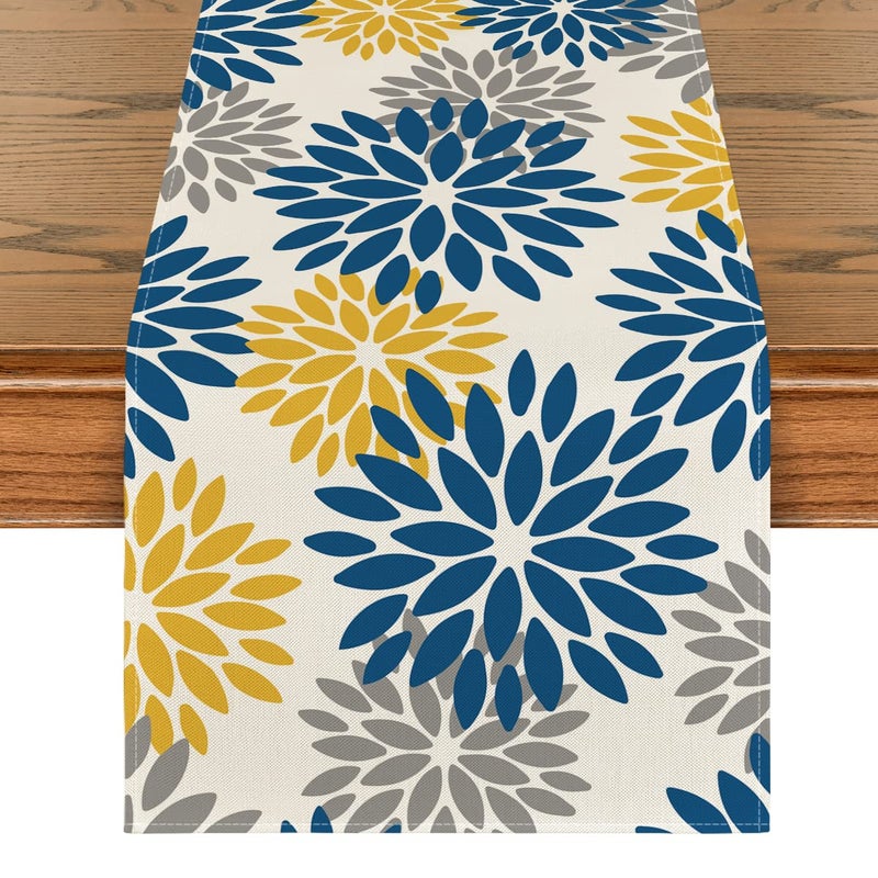INTEX HOME Velvet Floral Table Runner, Soft Linen Fabric, Machine Washable, Rectangular Design, 1 Piece, 45 x 135 cm, Yellow xGrey xBlue, Dining Table Decoration for Home, Events and Special Occasions - Image 1