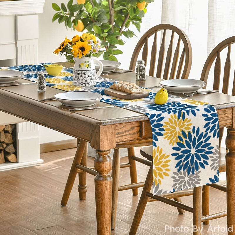 INTEX HOME Velvet Floral Table Runner, Soft Linen Fabric, Machine Washable, Rectangular Design, 1 Piece, 45 x 135 cm, Yellow xGrey xBlue, Dining Table Decoration for Home, Events and Special Occasions - Image 4