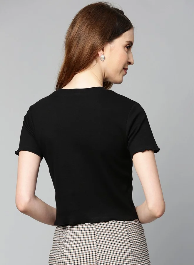 SASSAFRAS Black Crop Ribbed Top for Women