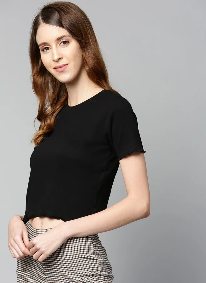 SASSAFRAS Black Crop Ribbed Top for Women
