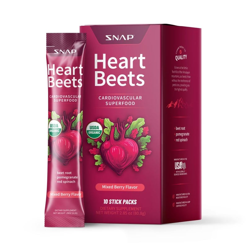 SNAP SUPPLEMENTS Heart Beets CARDIOVASCULAR SUPERFOOD Mixed Berry Flavor 10 STICK PACKS DIETARY SUPPLEMENT I NET WEIGHT 2.85OZ (80.8G) - Image 1