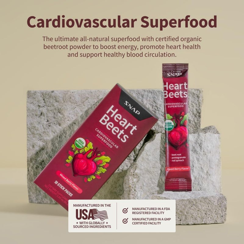 SNAP SUPPLEMENTS Heart Beets CARDIOVASCULAR SUPERFOOD Mixed Berry Flavor 10 STICK PACKS DIETARY SUPPLEMENT I NET WEIGHT 2.85OZ (80.8G) - Image 5