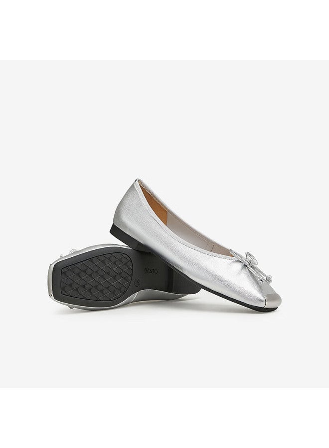 Basto Fashion Bow Square Toe Shallow Women's Flats A4502cq4, Silver, Size 34 - Image 3