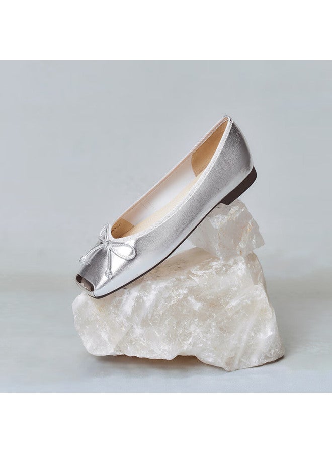 Basto Fashion Bow Square Toe Shallow Women's Flats A4502cq4, Silver, Size 34 - Image 1