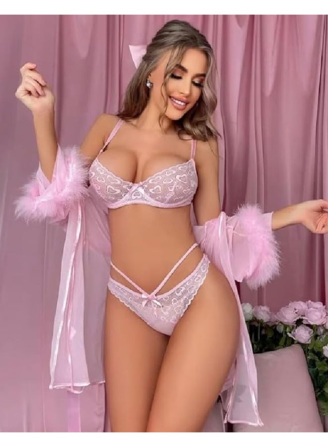 Pink witch dress style lingerie, combining a lace bra decorated with delicate hearts with an attractive ribbon, and a soft feminine bow string, Code 225 - Image 4