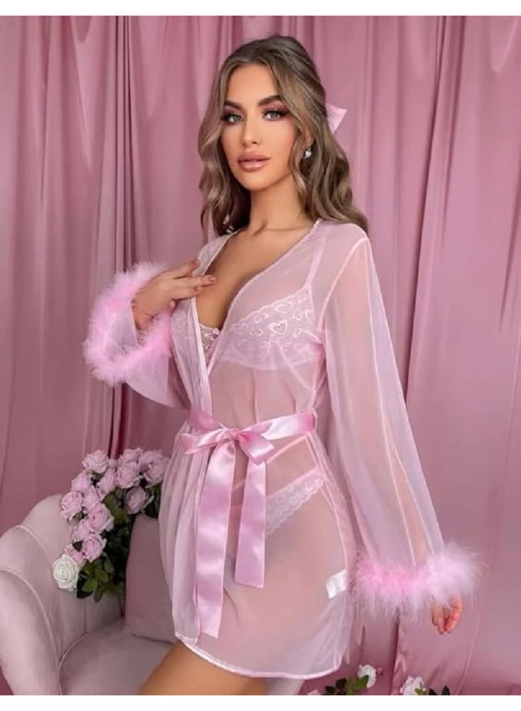 Pink witch dress style lingerie, combining a lace bra decorated with delicate hearts with an attractive ribbon, and a soft feminine bow string, Code 225 - Image 1