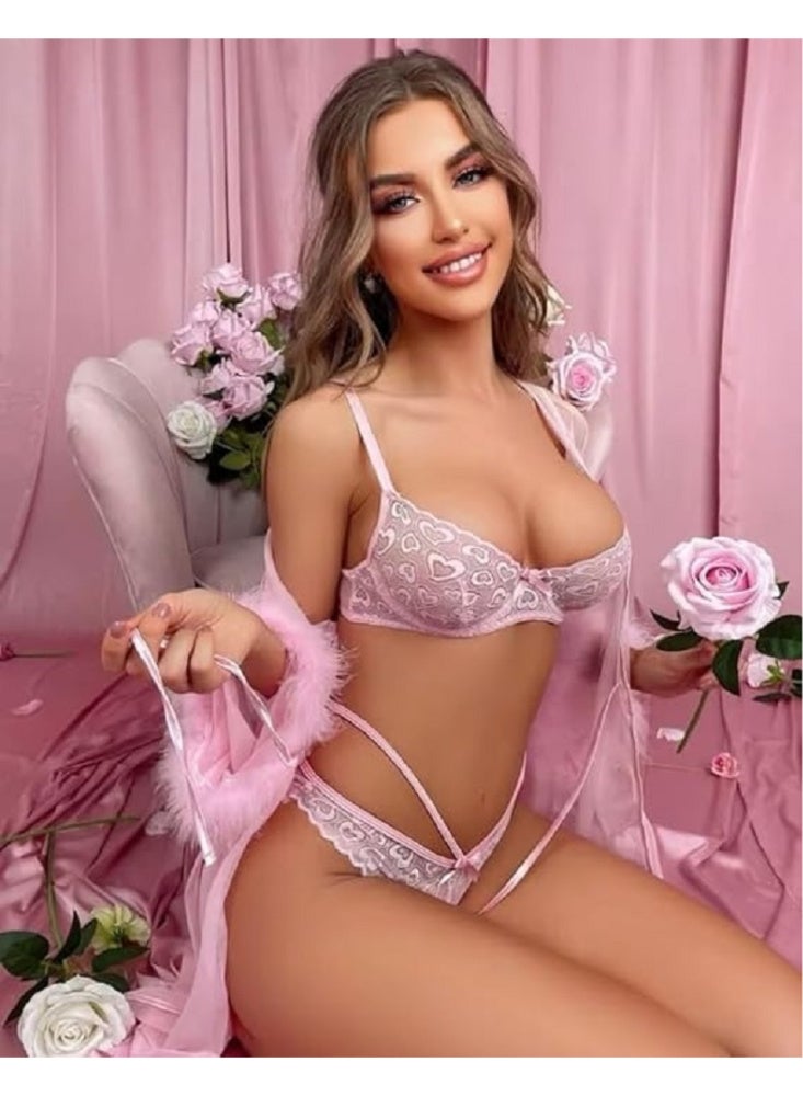 Pink witch dress style lingerie, combining a lace bra decorated with delicate hearts with an attractive ribbon, and a soft feminine bow string, Code 225 - Image 3