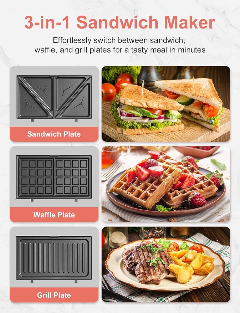 CROWNFUL 3 in 1 Sandwich Maker, Waffle Maker & Grill, 750W Electric Panini Press with Removable Non-Stick Plates, Compact Breakfast Machine for Sandwiches, Waffles, Burgers & Steak - Image 2