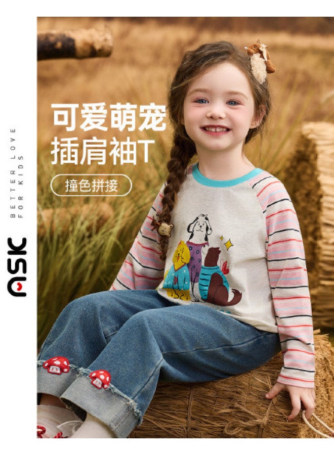 ASK JUNIOR Children's Long Sleeve T-shirt 2025 Autumn Kids Color Block Raglan Sleeve Base Layer Girl's Skin-friendly Top - Image 1