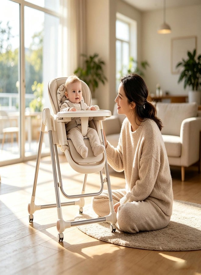Nawahev 3 in 1 Baby High Chair, Portable Foldable Infant High Chair with Adjustable Height, Lockable Wheels, Baby Feeding Chair, Toddler Chair, Easy Clean Tray for Babies & Toddlers 12-36 Months - Image 3