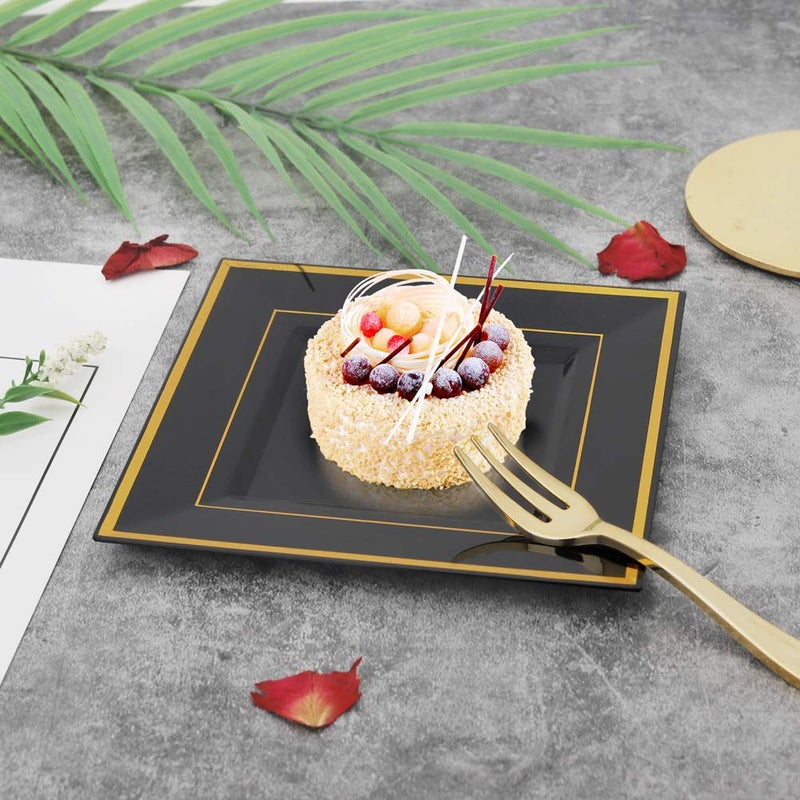 bUCLA 100PCS Black Square Plastic Plates with Gold Rim - 6 inch Disposable Cake Plates - Premium Hard Square Small Appetizer Plate for New Year Wedding&Party - Image 4