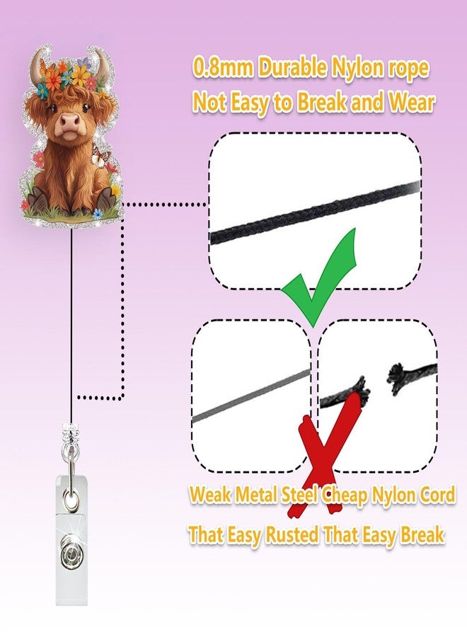 LEBEIGHT Cute Highland Cow Badge Reel Retractable for Nurse RN LPN Medical Worker & Nursing Student | Funny Animal Pediatric Cow Badge Holder with Alligator Clip & 24” Durable Nylon Retractable Cord | Acrylic - Image 4
