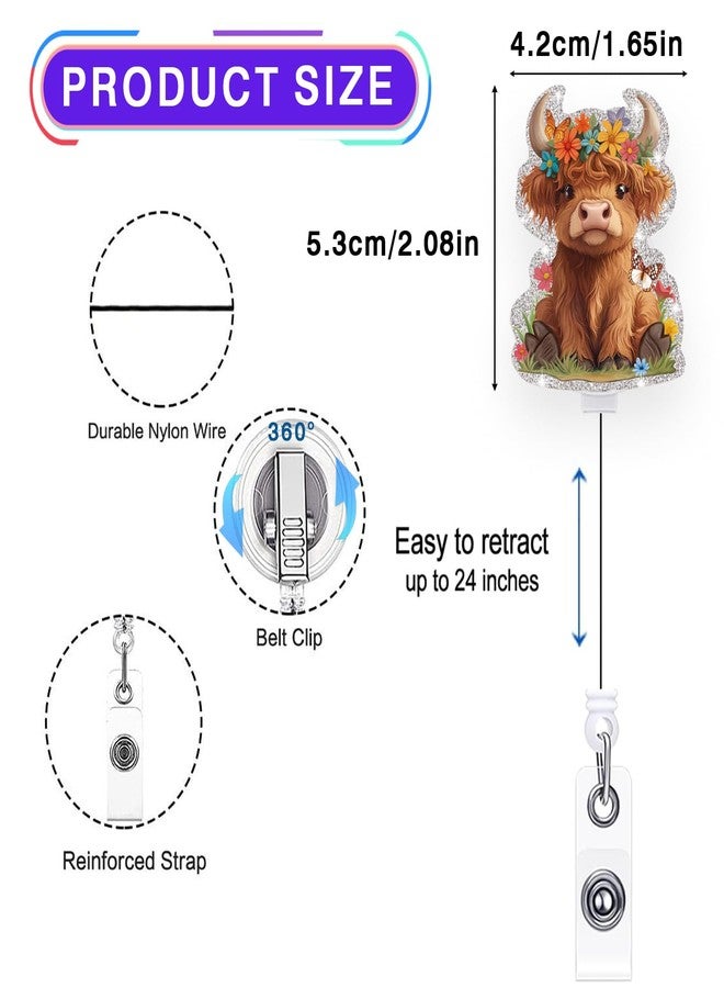 LEBEIGHT Cute Highland Cow Badge Reel Retractable for Nurse RN LPN Medical Worker & Nursing Student | Funny Animal Pediatric Cow Badge Holder with Alligator Clip & 24” Durable Nylon Retractable Cord | Acrylic - Image 2