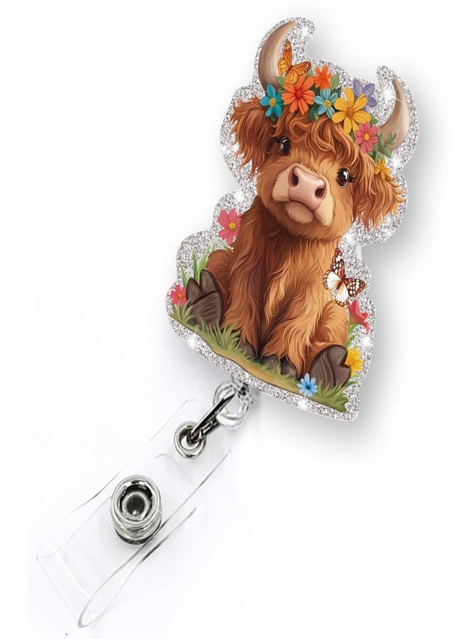 LEBEIGHT Cute Highland Cow Badge Reel Retractable for Nurse RN LPN Medical Worker & Nursing Student | Funny Animal Pediatric Cow Badge Holder with Alligator Clip & 24” Durable Nylon Retractable Cord | Acrylic - Image 1