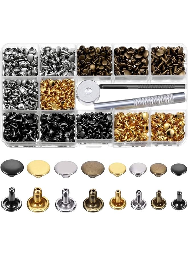 Leather Rivets Double Cap Rivet Tubular Metal Studs 2 Sizes With 3 Fixing Tool Kit For Leather Craft Repairs Diy Clothes Shoes Bags Belts Repair Decoration (240 Set, Gold, Silver, Bronze And Gunmetal)  - Image 1